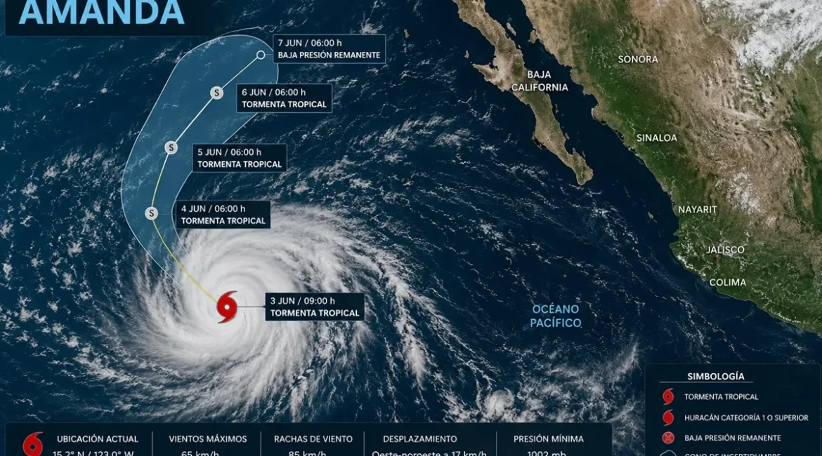 La tormenta tropical Amanda mantiene una trayectoria sobre aguas abiertas